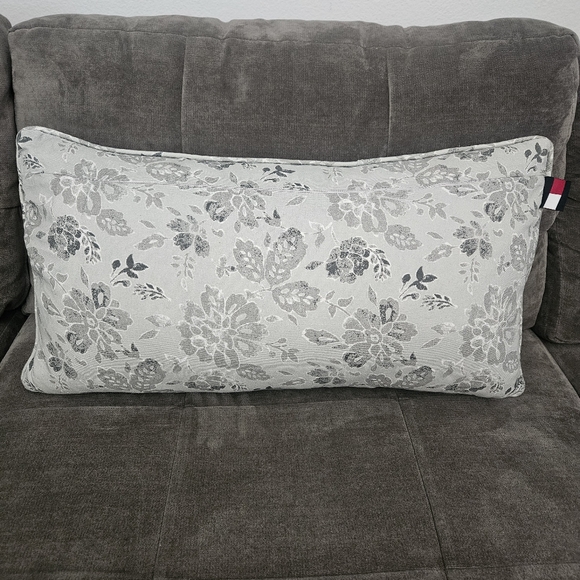 Tommy Hilfiger Floral Gray and White Featherd Lumbar Throw Pillow - Picture 1 of 8